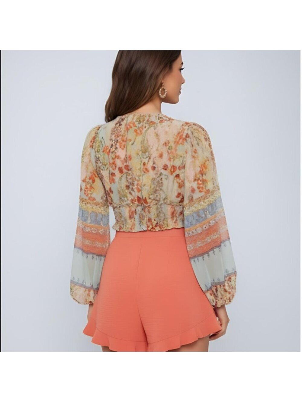 Lantern Sleeve Frilled Shirred Panel Floral & Paisley Print Top - Picture 4 of 10